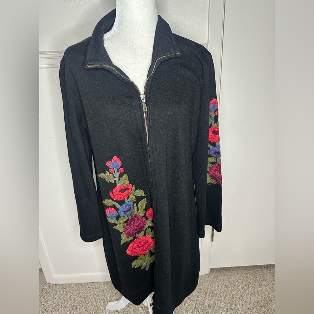 Anthropologie Caite black embroidered knee length full zip boho jacket XL